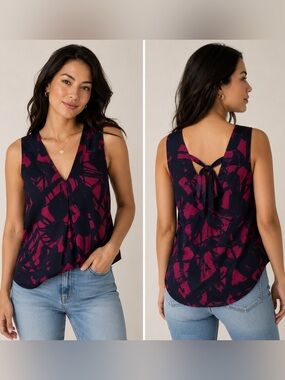 Banana Republic Petite XS Abstract Print Sleeveless Tie Back Blouse Top